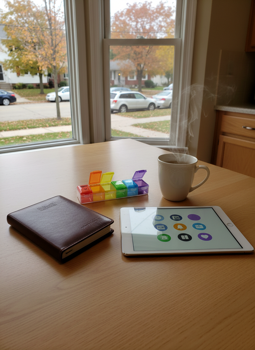A tidy kitchen table set up as a coordination hub: a closed, leather-bound planner, a color-coded pill organizer with lids shut, a steaming mug of herbal tea, and a tablet displaying a simple, text-free interface of appointment icons and reminder symbols. The table is made of light oak with a smooth, matte finish, positioned near a bay window that overlooks a quiet Michigan street with autumn trees and parked cars. Late-morning overcast light provides soft, diffused illumination, minimizing harsh shadows and creating a serene, supportive mood. Photographic realism with a three-quarter angle and shallow depth of field keeps the focus on the table while the cozy kitchen recedes into a gentle blur, emphasizing calm, everyday independence supported by invisible, professional coordination.
