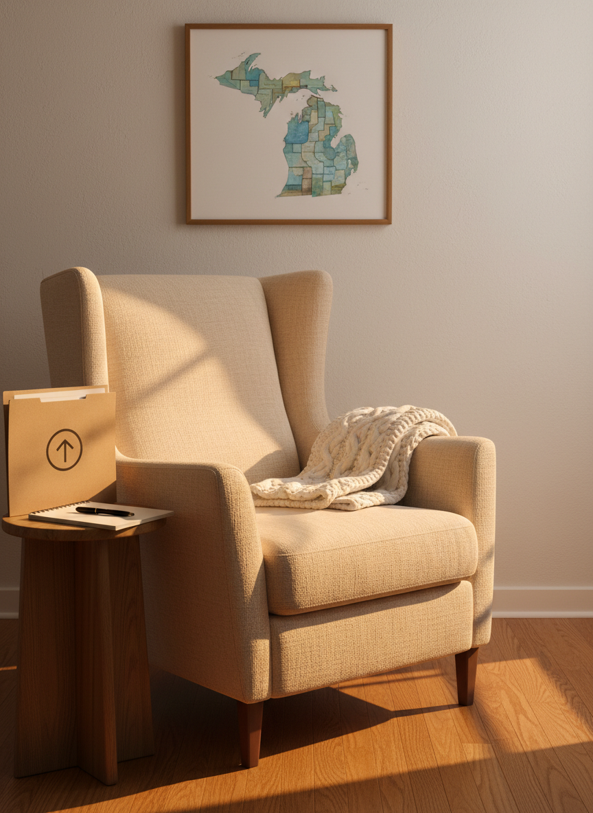 A comfortable living room corner with a high-backed fabric armchair, a folded knitted throw resting on the arm, and a small side table holding a notepad, pen, and a closed folder with a simple, non-text symbol suggesting planning. On the wall hangs a framed, softly rendered map of Michigan’s Lower Peninsula in muted tones, hinting at local community roots without dominating the scene. Warm golden hour light pours in from an off-frame window, catching the weave of the upholstery and the texture of the throw, casting gentle, elongated shadows. Photographic realism with an eye-level, rule-of-thirds composition creates an inviting, non-institutional atmosphere that communicates comfort, stability, and discreet lifestyle support.