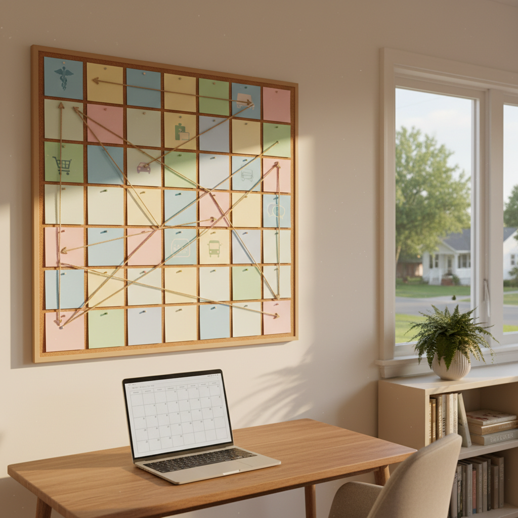 A large, wall-mounted corkboard in a cozy, sunlit home office, meticulously arranged with color-coded, text-free cards, arrows made of string, and small icons representing medical visits, grocery deliveries, transportation, and social activities. A sleek laptop on a nearby desk displays a simple calendar interface without legible text, reinforcing digital organization. Outside the window, a hint of a Michigan neighborhood with leafy trees and modest houses in the distance. Warm afternoon light streams in, casting soft, directional shadows and creating a focused yet comfortable mood. Shot from a slightly elevated angle in photographic realism, the composition centers the corkboard while keeping the room in soft focus, symbolizing comprehensive care and lifestyle coordination without any clinical feel.